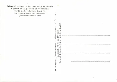 Wnętrze kościoła w Neuvy-Saint-Sepulcre — XII wiek — Wydrukowane przez M. Roussel, Paryż — Rewers