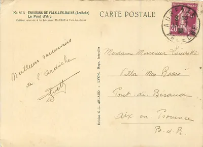 Ponte d'Arc — Ardêche — Edição G.-L. Arlaud em Lyon — Verso