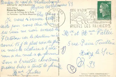 Hyères-les-Palmiers — Een hoek van de Place de la Rade — Uitgave 'Arts Graphiques' — Achterkant