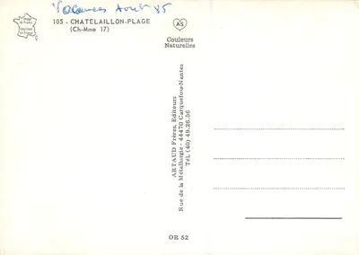 Châtelaillyon-Plage — Stacja kąpiarska popularna wśród roche-lans — wydawca ARTAUD Frères — Rewers