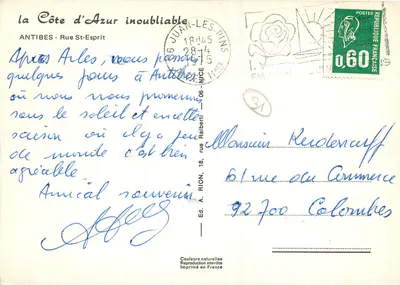 Antibes - Rue St-Éprit — widok pod łukiem — Wyd. A. Rion, 18, rue du Commerce, Colomènes — Rewers