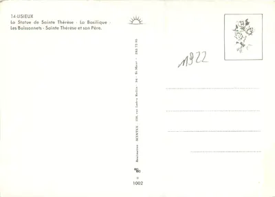 Lisieux — Statuy i Bazylika — Wydawca SCINTEX, nr 1002 — Rewers