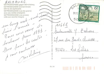Salzburgo - Getreidegasse — com suas antigas lojas — Meyer's Farbarten, Salzburgo, Nr. 24 — Verso