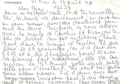 Côte Basque — Anglet, Biarritz, St-Jean-de-Luz, Bidart, Guethary, Socca, Hendaye — Wydawca PIERON, nr 12233 — Rewers