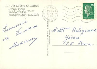 O Viaduto de Oléron — Posição da primeira pedra 9 de Maio de 1964 — Edição Oleronaise ARJAC - FOTO - Reprodução intercalada — Verso
