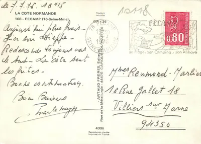 Fecamp — La entrada del puerto, La playa, El muelle de los pilotos, La Benedictina, La iglesia — Artaud Frères, Editores — Reverso