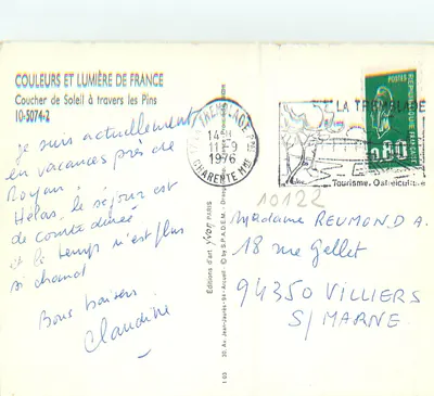 Pôr do Sol através dos Pinheiros — Cores e Luz da França — Edições de Arte YVON, n°10-5074-2 — Verso