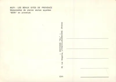 Małownice z suchego kamienia nazywane "BORI" w języku prowansalskim — Piękne miejsca Prowansji — Wydawnictwo "S.L." Lyon/Magenta (Rhone) — Rewers