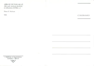 Abadia de Nouaillé-Maupertuis — Ala sul, antigos dormitórios e refeitório (século XVIII) — Edições e Impressões Combier / Mâcon, n° C3 86180-0013 — Verso