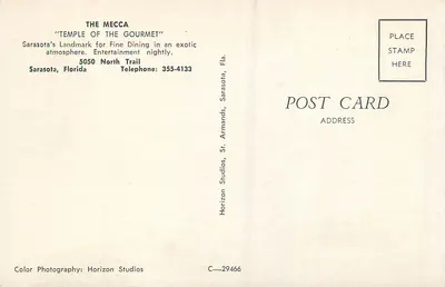 The Mecca Restaurant — Sarasota, Florida — Horizon Studios C-29466 — Verso