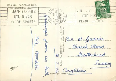 Hotel Les Rives Restaurant — Juan-les-Pins — Ausgabe 'La Cigogne' — Rückseite