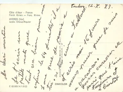 Jardim Olbius-Riquier — Hyères (Var) — Editor Combier — Verso