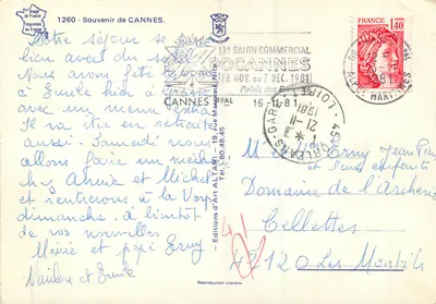 Cannes — kwiaty mimoz i widok plaży — Wydawnictwo Art Altari, n°1260 — Rewers
