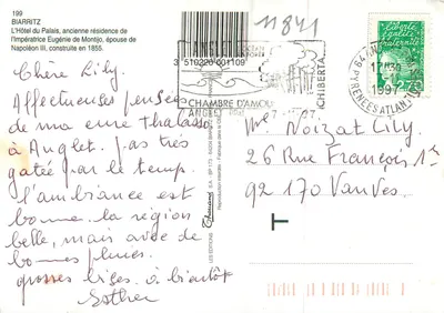 Biarritz — Hotel du Palais, dawniej rezydencja cesarzowej Eugenii de Montijo — wydawca Chouand, nr 199 — Rewers