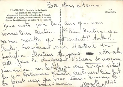 Chambéry - Colonna degli Elefanti — Monumento eretto in memoria del Generale Conte de Boigne, opera comunemente chiamata 'I 4 senza Q' — Editore IRIS, n°15 — Verso