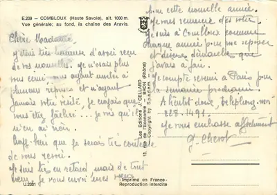 Combloux (Alta Saboia) — vista geral com a cadeia dos Aravis no fundo — Éditions J. Cellard — Verso