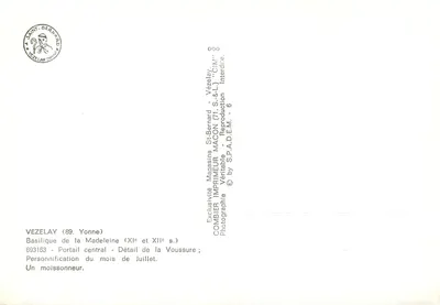 Vézelay (89. Yonne) — Basílica de Nossa Senhora da Madeleine — Detalhe da Voussure (séculos XI e XII) — Um colhedor — Editor: Combier Impressor, Vézelay — Verso