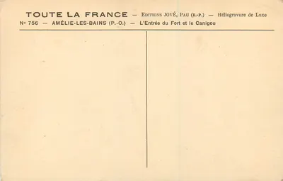 Amélie-les-Bains — Entrada do Forte e o Canigou — Edições Jové, Pau (B.P.) — Verso