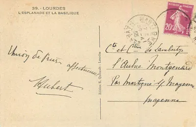 Lourdes — Widok na Esplanadę i Bazylikę — Wydawnictwo E. Quinault, nr 39 — Rewers