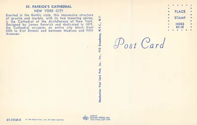 Catedral de São Patrício — Nova York — DEXTER PRESS, INC. DT-74160-B — Verso