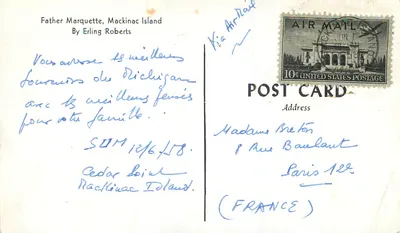 Statua Pana Marquette — wyspa Mackinac — rysunek autorstwa Erlinga Roberts — Rewers
