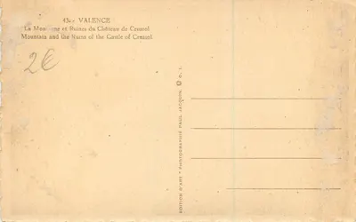 De Berg en de Ruïnes van het Kasteel van Crussol — Valence — Artistieke Uitgave Paul Jacquin, n° 1 — Achterkant