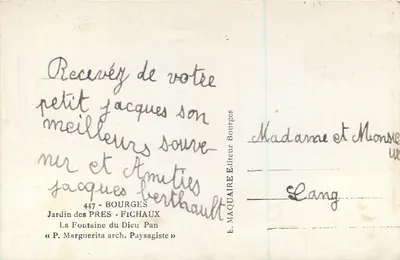 Ogród PRES - FICHAUX — Fontanna Boga Pan — P. Marguerita, projektant — E. MAQUAIRE, wydawca Bourges — Rewers