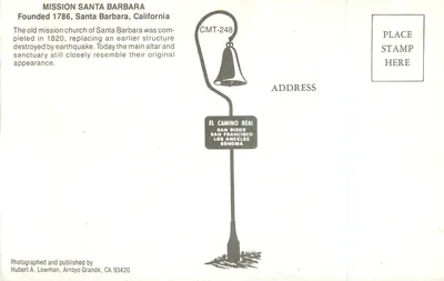 Missão Santa Barbara — Editor Hubert A. Lowman, Arroyo Grande, CA 93420 — número da série CMT-248 — Verso
