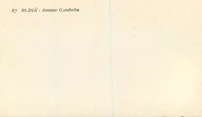 St-Dié - Aleja Gambetta — widok z placu z kościołem i sklepami — wydawca nieznany, n° seryjny 87 — Rewers