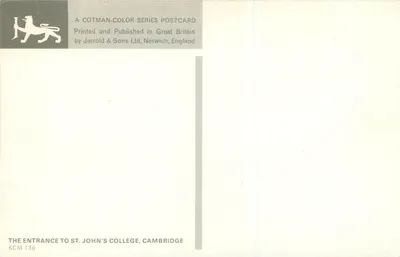 Entrada para a Universidade de St. John's, Cambridge — Série Cotman-Color — Jarrold & Sons Ltd, Norwich, Inglaterra — Verso