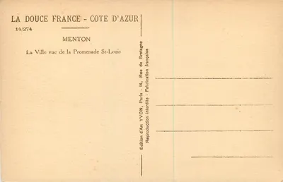 Menton — Widok z Promenady St-Louis — Wydawnictwo YVON, Paryż — Rewers