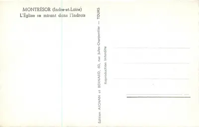 Montrésor (Indre-et-Loire) — Kościół odbijający się w Indrois — Wydawnictwo Bernard i Aignan, ulica Jules-Charpentier, Tours — Rewers