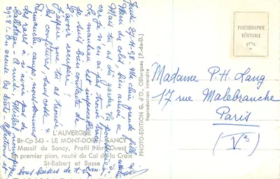 Mont-Dore — Massif du Sancy, Profil Nord-Ouest — Edition G.d'O. — Rückseite