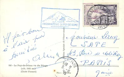 Il Puy-de-Dôme visto dal Péage — Osservatorio del Puy-de-Dôme — Edizione Speciale dell’Osservatorio — Cliché Plazanet — Verso