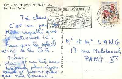 Saint Jean du Gard (Gard) — A Praça das Armas — Edições dos Irmãos Désert, n°857 — Verso
