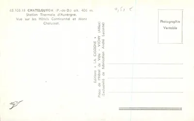 Hotel Continental e Mont Chalusset — Châtelguyon (P.-de-D.) — Edições LA CIGOGNE — Verso