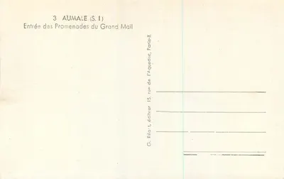 Aumale (S.I.) — Wejście do Promenades du Grand Mail — G. Réa, wydawca, 15 rue de l'Aqueduc, Paryż — Rewers