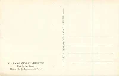 Ingang van het Woestijn — La Grande Chartreuse — uitgever REAL-PHOTO, n°83 — Achterkant