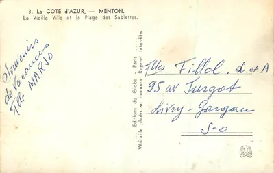 Menton — Stare Miasto i Plaża Sablettes — Éditions du Globe, Paris — Rewers