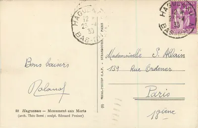 Haguenau — Monument aos Mortos — editor C.A.P. n°59 — Verso
