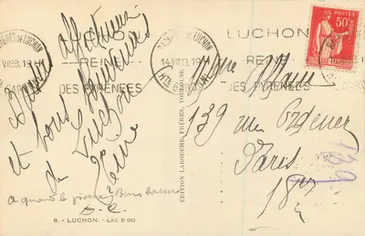 Jezioro Ouzouer — widok jeziora z wodopadami i kaplicą — Wydawnictwo Labouche Frères, Luchon — Rewers