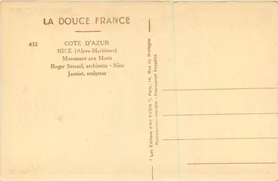 Pamiątka żołnierzy w Nicei — Côte d'Azur — Éditions d'Art YVON — Rewers