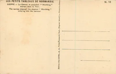 Dieppe — Le Chenal; statek "Worthing" wjeżdżający do portu — Mona, N°13 — Rewers