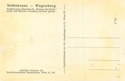 Carrinho de criança Napoléon II — Schönbrunn — Wagenburg — edição oficial das coleções artísticas de Viena, n° K. 115 — Verso