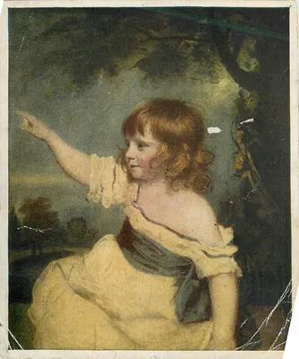 Menina em vestido amarelo apontando — reprodução de arte — sem editor ou número visível