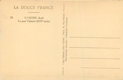 O ponte Valentré — Cahors (Lot) — Editor YVON, n°20 — Verso