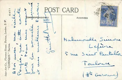 Cachorro e gato diante de uma lareira — Inter-Art Co., Florence House, Barnes, Londres, S.W. — Série 'Comique' n°6471 — Verso