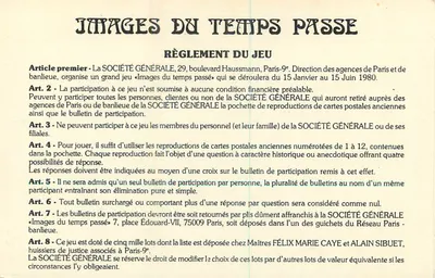 Paris - Boulevard Haussmann — Agence de la Société Générale — Jeu 'Images du Temps Passé' — 1980 — Rewers