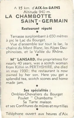 Lago do Bourget — vista tirada do restaurante da Chambotte — C. Lansard, proprietário — Verso