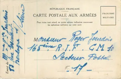 Famiglia a Parigi — Lettera di Dany al suo ragazzo — Cartolina postale militare francese — Verso